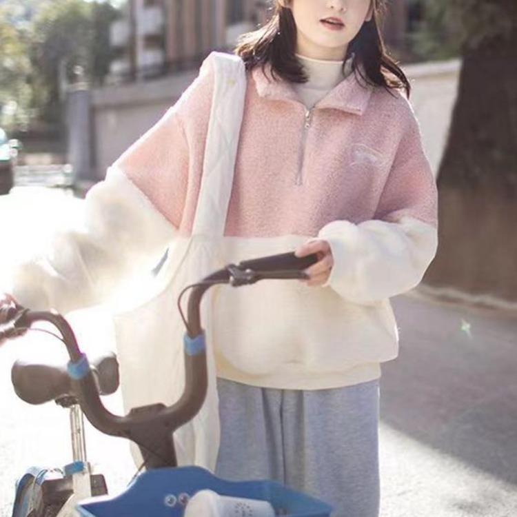 Warm Velvet Women Pullover Sweatshirt Thickened Stand Collar Half Zipper Top