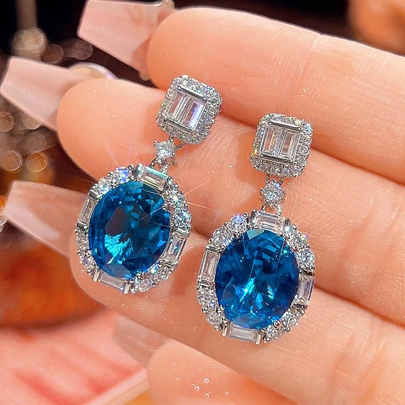 Jewelry Copper Bottom Gold-Plated Simulation Blue Spinel High-End Jewelry Set Women'S Stone 15 * 20