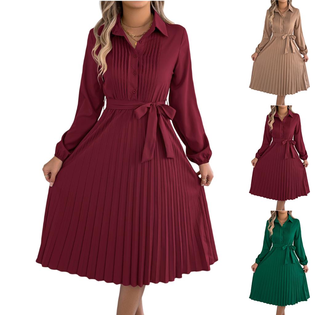 Women's Color Fashion Lapel Long Sleeved And Long dress