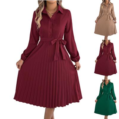 Women's Solid Color Fashion Lapel Long Sleeved And Long Dress