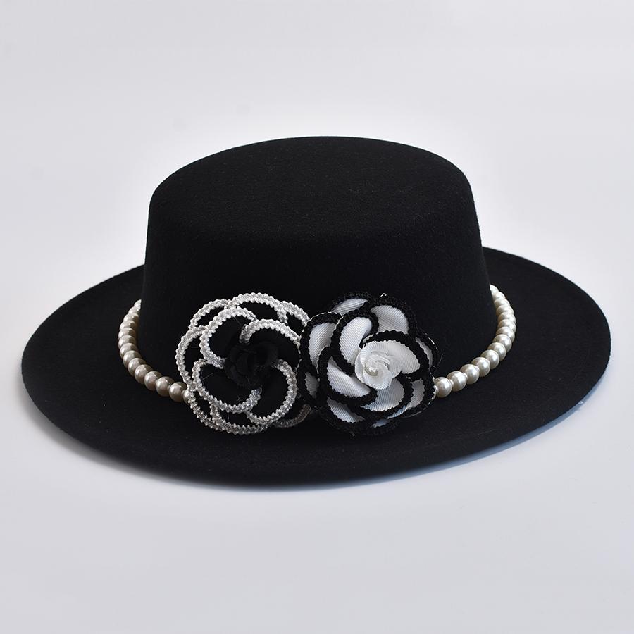 French Style Women's Pearl Chain Fedora Hat Autumen Winter Ladies Flat Top Felt Flat Top Hat