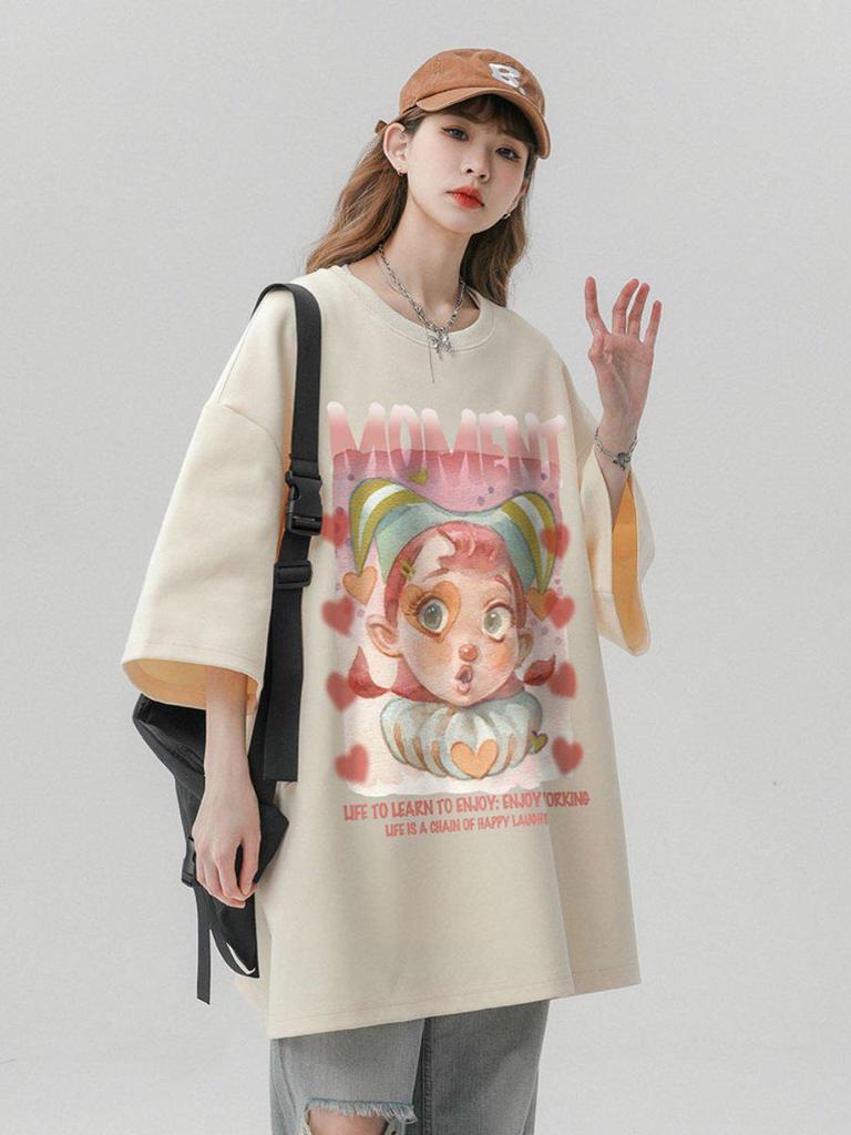 T-shirt Casual Unisex in Cotone Stile Giapponese Retrò, Vestibilità Larga, per Coppie Taglie Forti