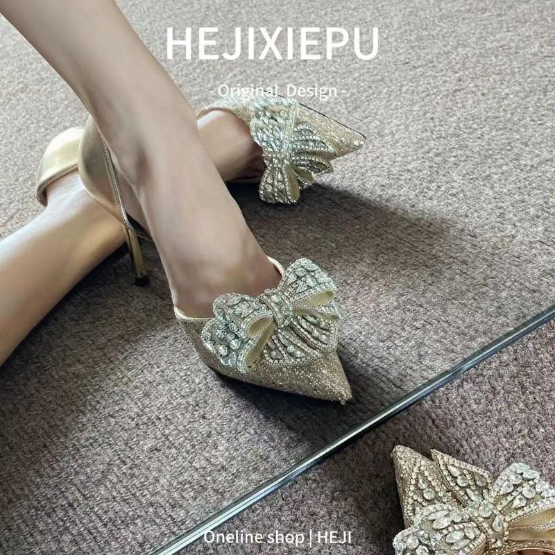 Damskie czółenka na wysokim obcasie z kokardą, cienki obcas, szpiczasty nosek, zdobione cyrkoniami, buty damskie, ślub, styl wróżkowy, bankiet