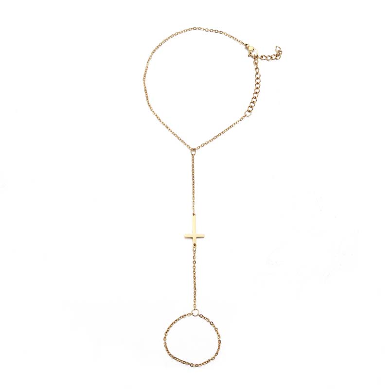 Fashion Gold Color Pearl Cross Hand Chain Bracelet Rings For Women Girls Simple Metal Beaded Bracelets Hand Jewelry Gift
