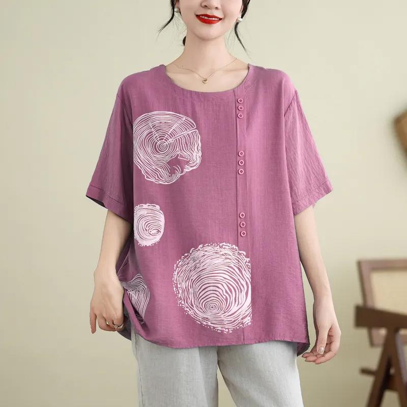 

Футболка для женщин, летняя, большого размера, хлопковая футболка, мягкая, свободная, с принтом, повседневная, удобная, пуловер, футболка, топ M фиолетовый