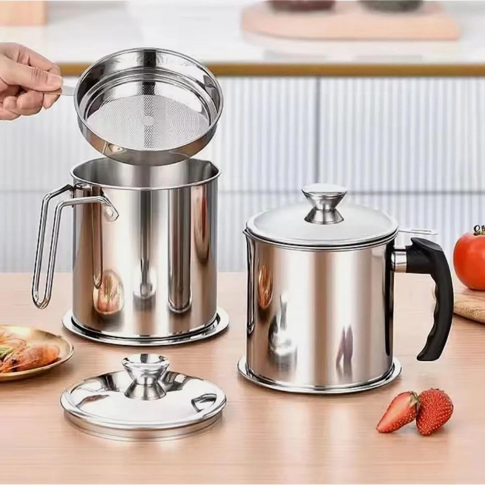 Stainless Steel Oil Strainer Pot Container with Fine Mesh Jug Storage Can with Filter with Base Cooking Oil Pot Kitchen Tools