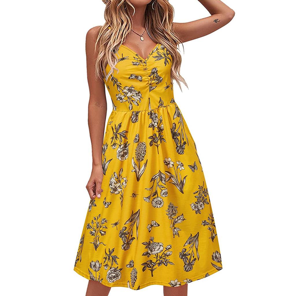 Kvinnemote Uformell ermeløs slank Sexy V-hals trykt mellomlang kjole