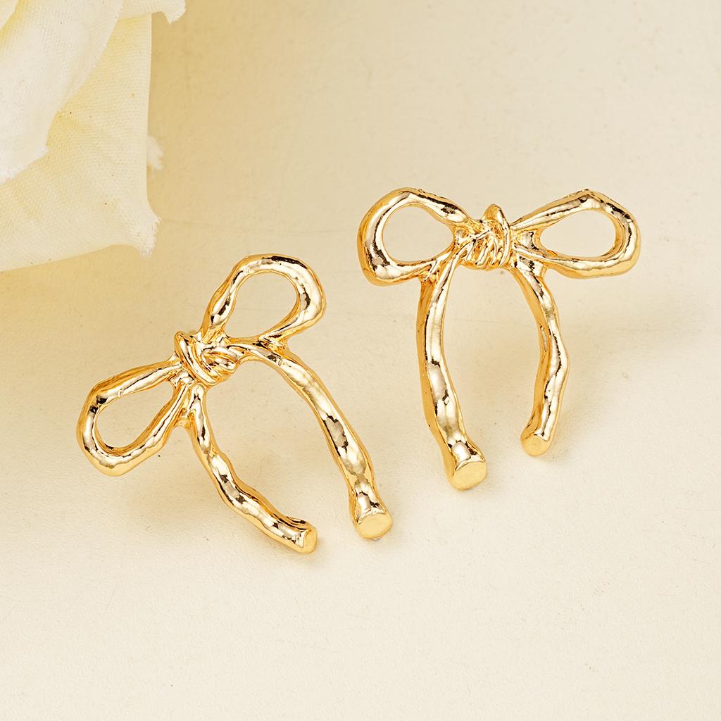 Simple Gold Color Sweet Bow Knot Earrings for Women Vintage Elegant Piercing Ear Accessories Fashion Female Party Jewelry Gifts
