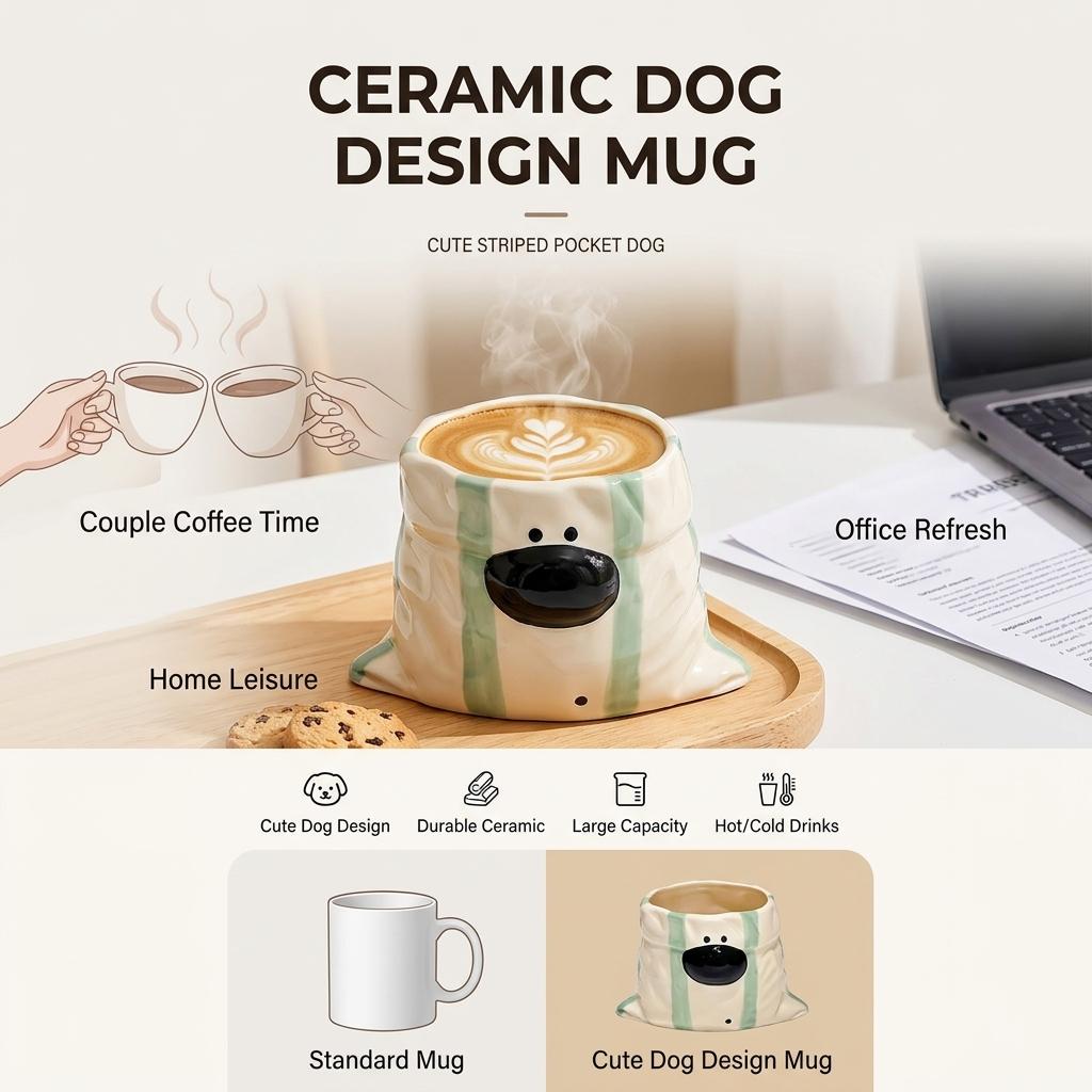 1pc Dog Shaped Handle Mug Cute Ceramic Coffee Cup Porcelain Tea Mug for Home Office Gift Durable High Quality Drinkware