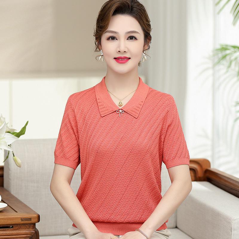 

2026 Stylish Ice Silk Short-Sleeve Top for Middle-Aged Women: Elegant Summer T-Shirt for 40s & 50s L (80-100 jin) оранжевый/красный