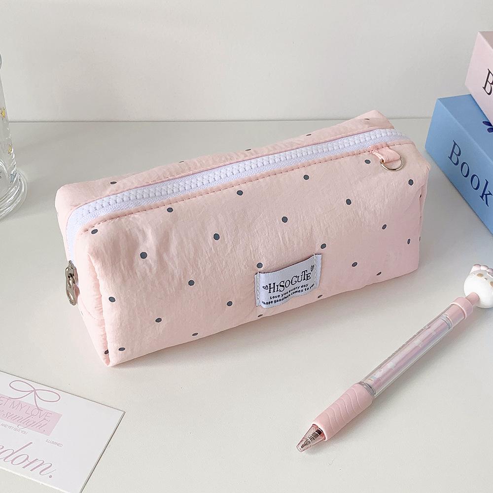 Korean Girly Polka Dot Pencil Case Solid Color Pen Bag Cute Stationery Storage Pouch for School Makeup Bag Toiletry Organizer