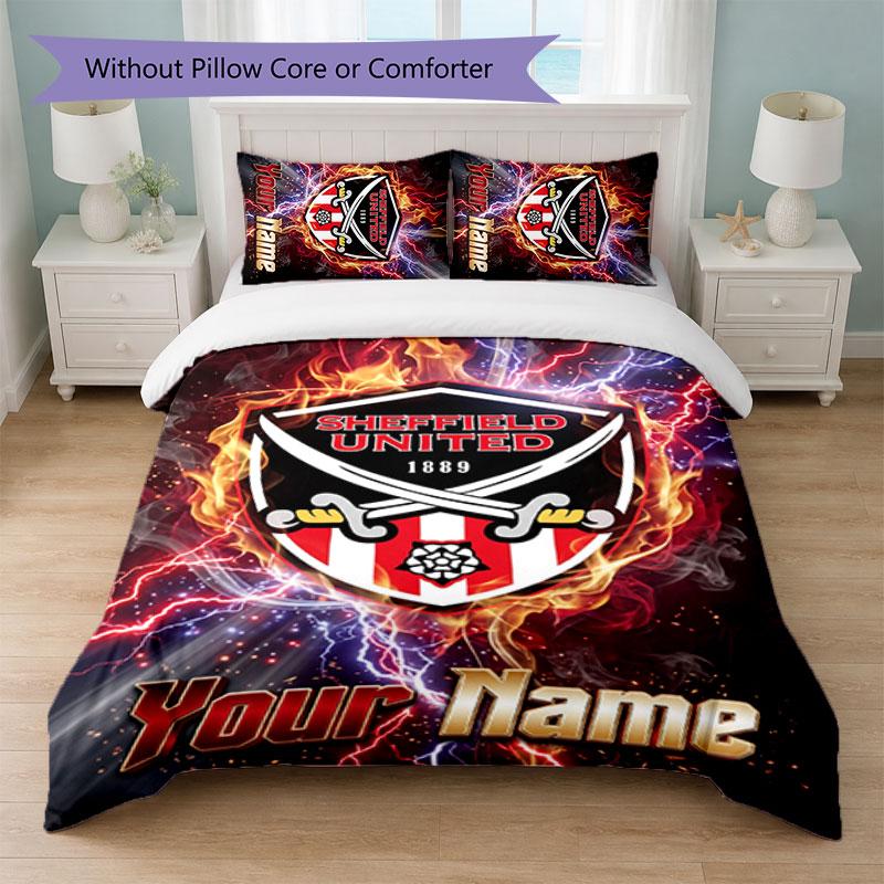Sheffield United FC Individuelles Namens-Text Bettwäscheset 1 Bettbezug+2 Kissenbezüge Fußball-Logo Personalisierte Geschenkidee für besonderen Anlass Schlafzimmerdekoration