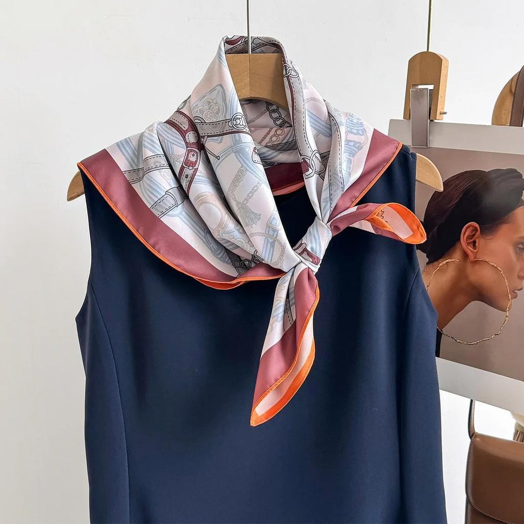 1Pcs Luxury Imitation Silk Square Scarf Women‘S Double-Sided Chain Print Neckerchief Bandanas Foulard Hairbands Shawls Wraps