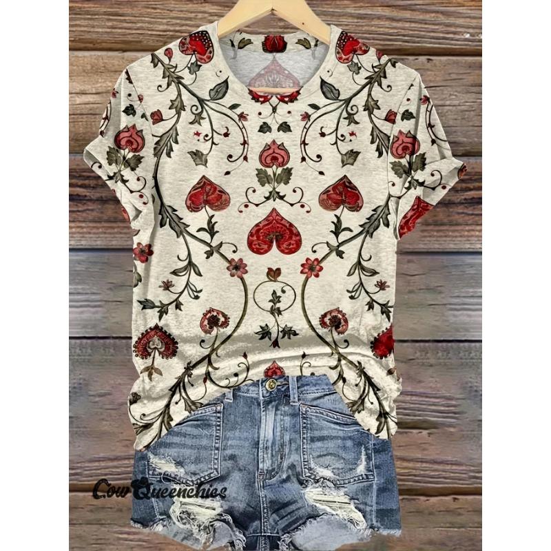 

European and American style women s casual short sleeved T-shirt, heart-shaped design, trendy printing, soft fabric S