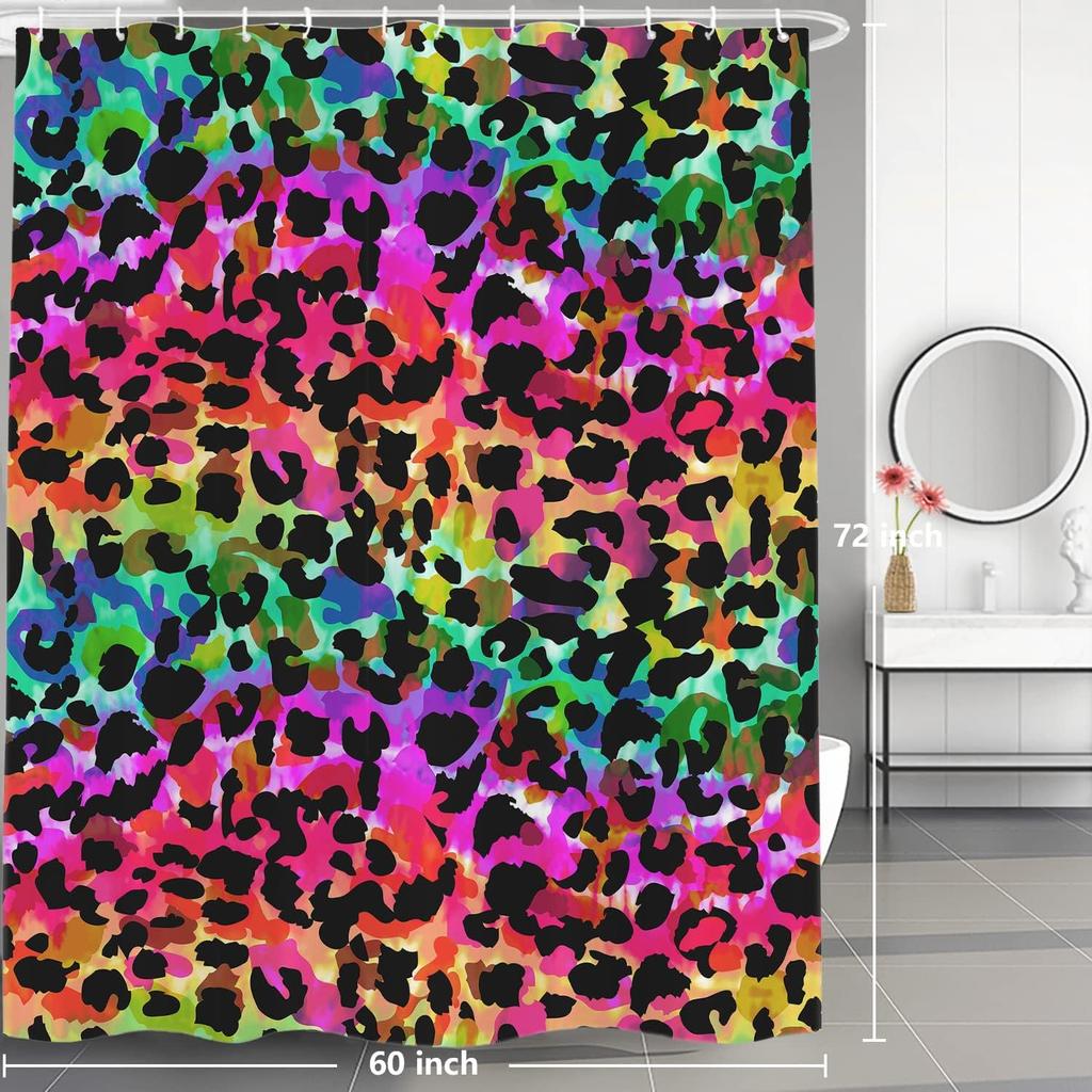 Rainbow Leopard Print Shower Curtain Bold Colorful Pattern Fashion Statement Bathroom Decor Vibrant Tie Dye Style Water