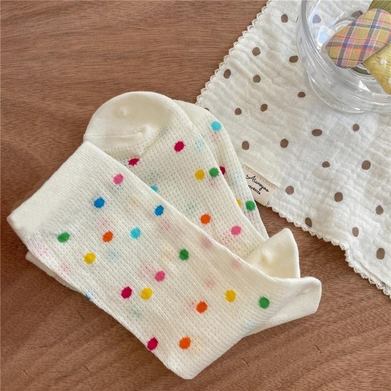 Girls Colorful Polka Dot Striped Socks Kids Mid Calf Socks Ins Trendy Pure Cotton Summer Thin Mesh Breathable Long Spring Summer