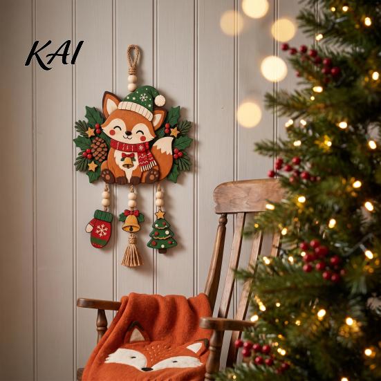 Holiday Party Supplies Christmas Fox Hanging Ornament, Wooden Cute Pendant with Glove Bell Tree Festive Decoration Charms, for Door Mantel Tree,