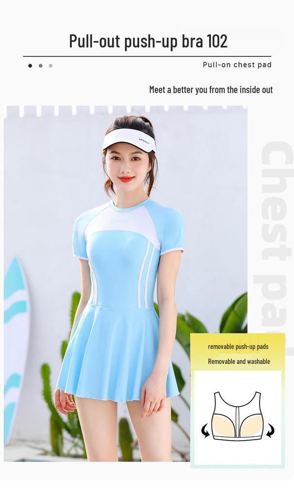 2026 Women's Conservative Slimming One-Piece Short Sleeve Swimsuit, Hot Spring Plain Patchwork, Customizable Swimwear.