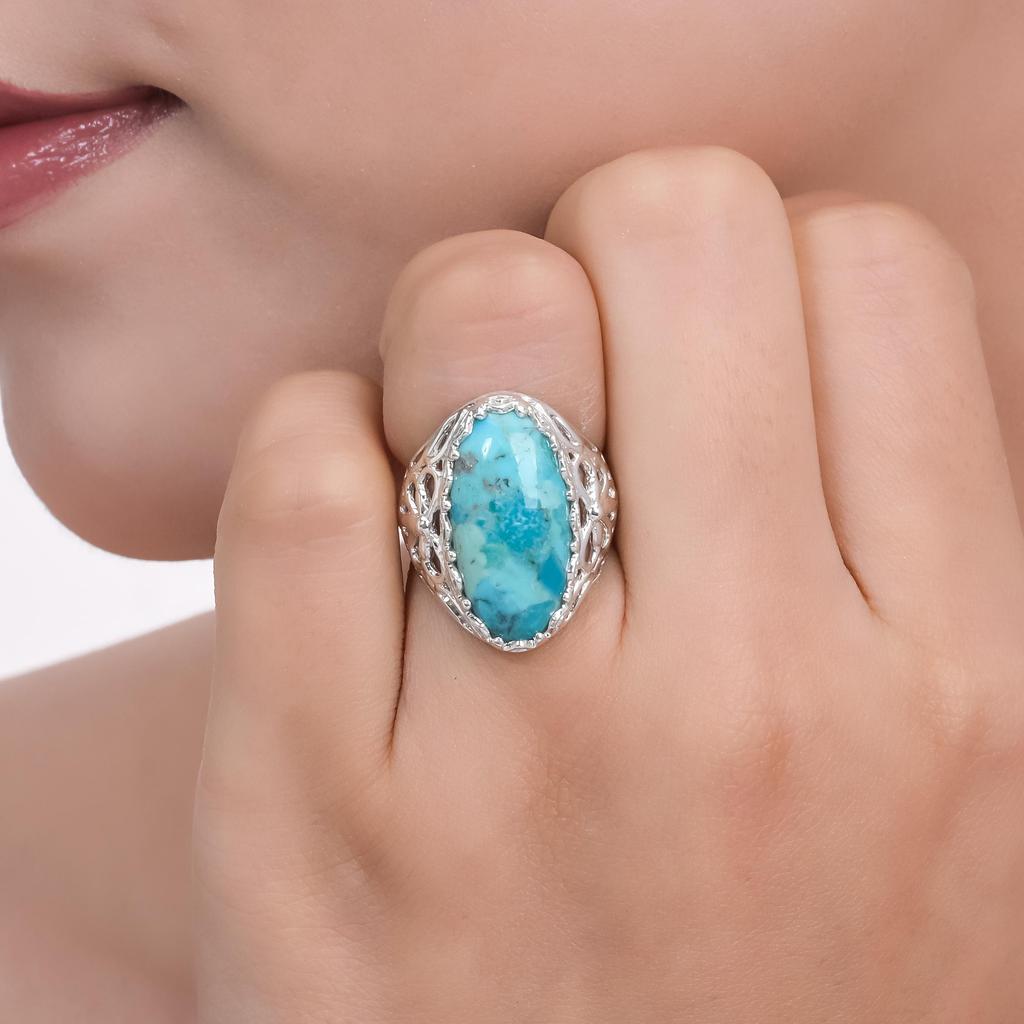 Türkisfarbener Statement-Ring – Florales Filigran 925 Sterlingsilber Handgefertigt Vintage-Ring – Natürlicher Edelsteinschmuck für Frauen