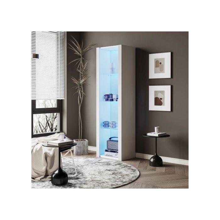 Vitrine Blanche Brillante Avec Éclairage LED, 3 Étagères En Verre, 55*38*166 Cm, Vitrine