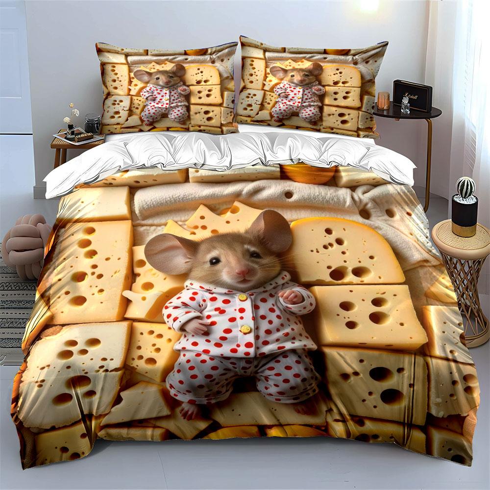 Cheese-Themed Decorative Mouse Set Soft Skin-Friendly Bedding Set Includes 1 Duvet Cover And 2 Pillowcase Gift