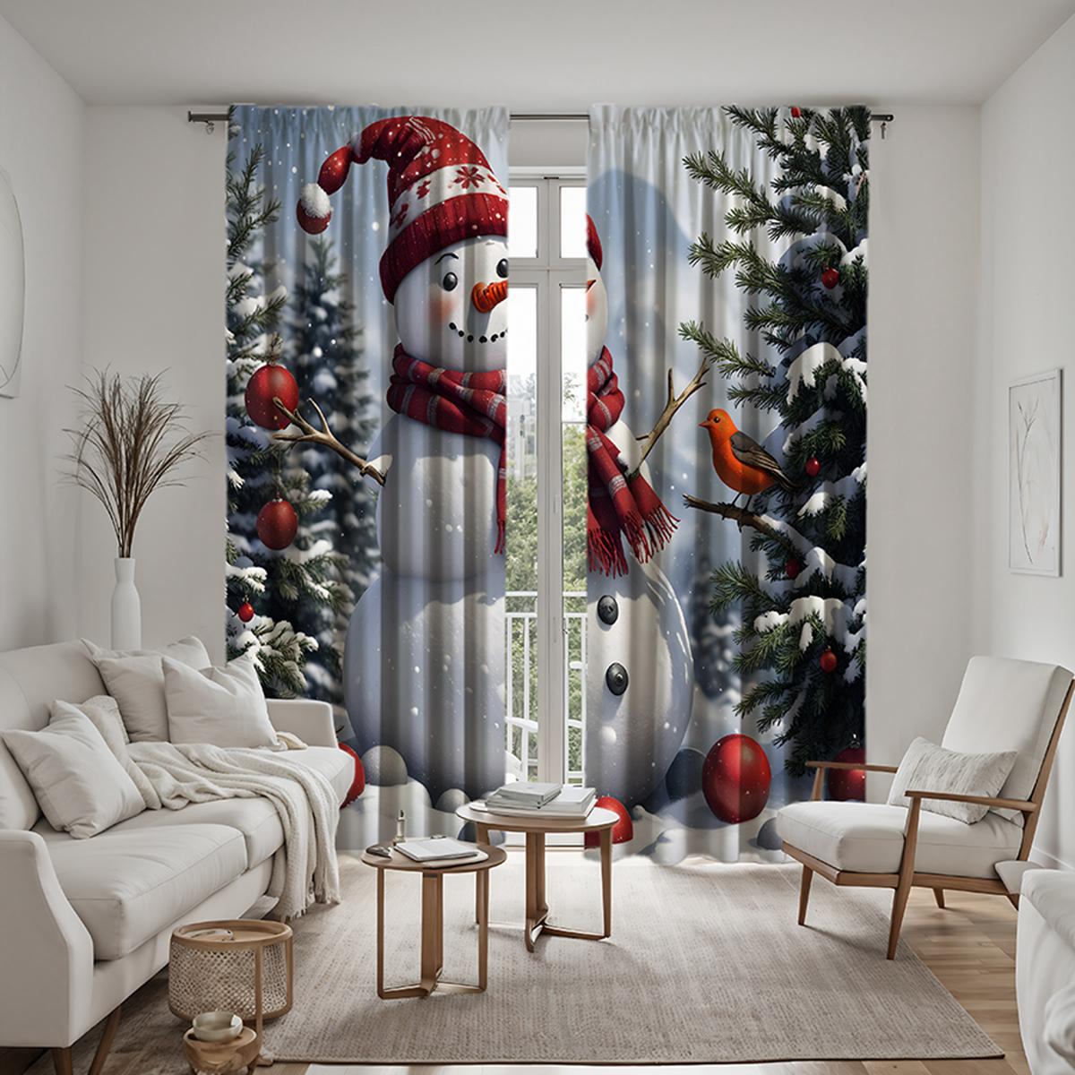 

Комплект из 2 шт., декоративная занавеска в виде рождественской сосны со снеговиком, белая занавеска с цифровой печатью, стиль украшения дома, украшение livi W52H63inchW132H160cm
