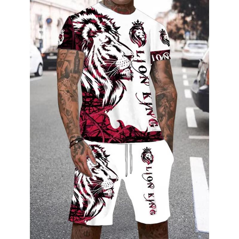 Summer Men Short Sleeve+ Shorts 2PCS Set Cool The Lion King 3D Print Kid T-Shirt +Drawstring Short Set Men's Set Clothing
