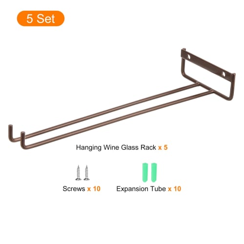 Uxcell 5-Piece Wine Glass Rack Set, 11.81" Iron Wine Glass Rack, Under-Cabinet Stemware Rack, Wall-Mounted Wine Glass Holder for Bars, Coffee Shops, R