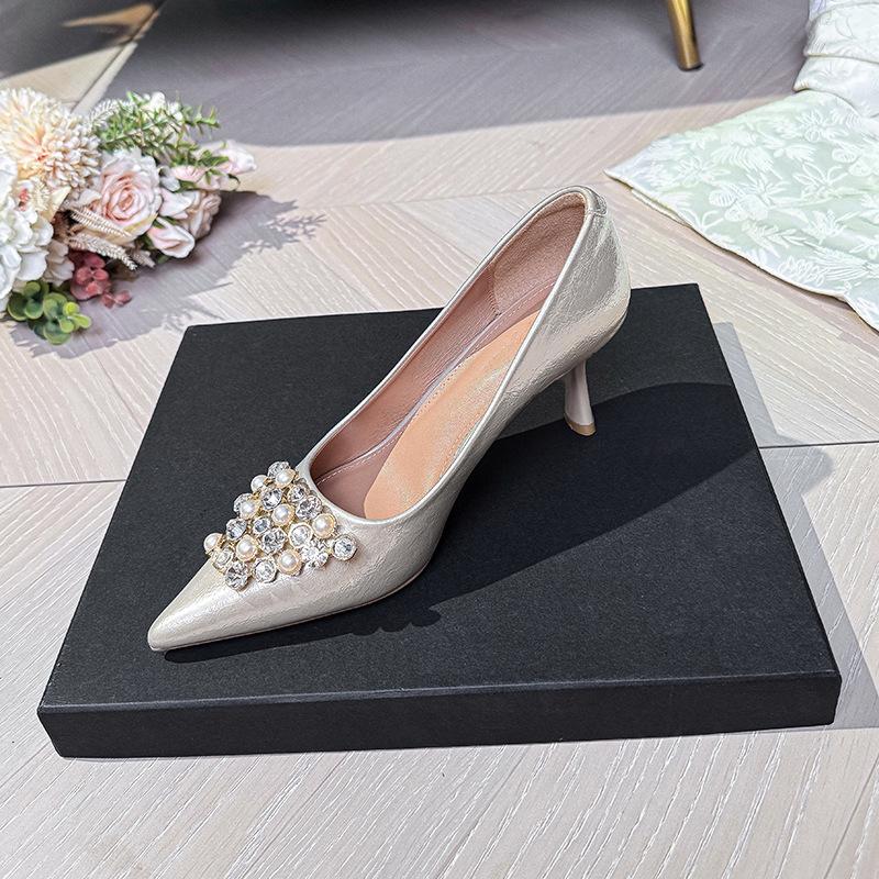 Pointed Pearl Rhinestone High Heels Women's Stiletto 7cm with Skirt Sexy 2025 New French Shallow Mouth Single Shoes
