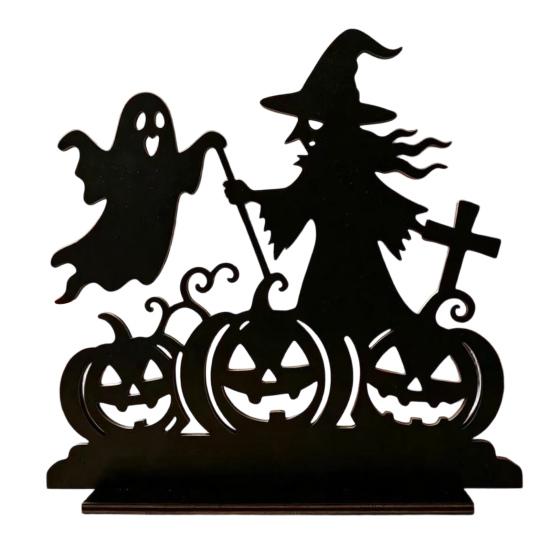 DYS Witch Wooden Table Centerpiece, Spooky Castle Black Cat Standing Tabletop Ornament for Halloween Party, Desk Tiered Tray Decor