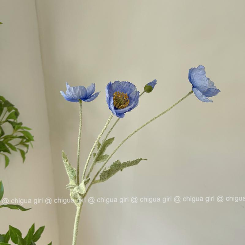 Blue Iceland Poppy Silk Flower Bouquet for Living Room Decoration