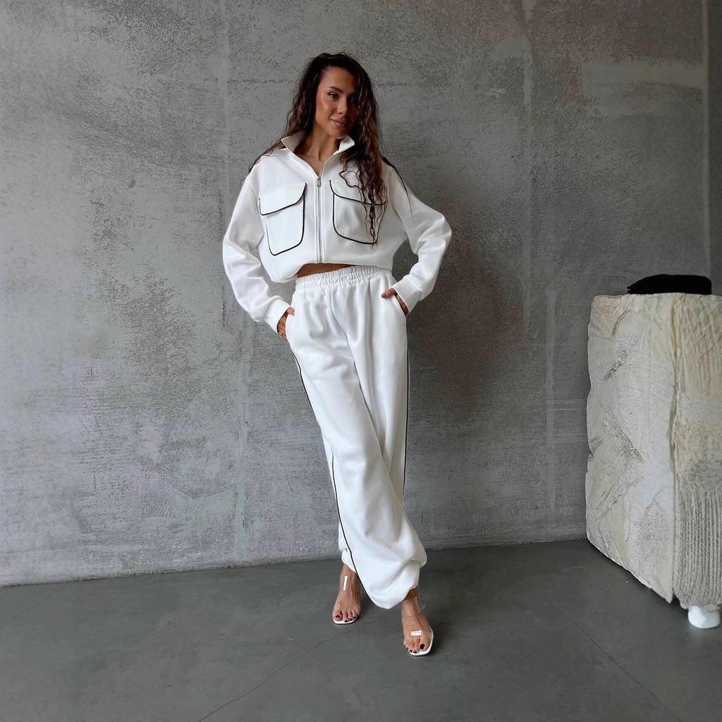 Women's European & American Fashion Autumn Cardigan and Casual Pants Set with Half High Neck and Pockets