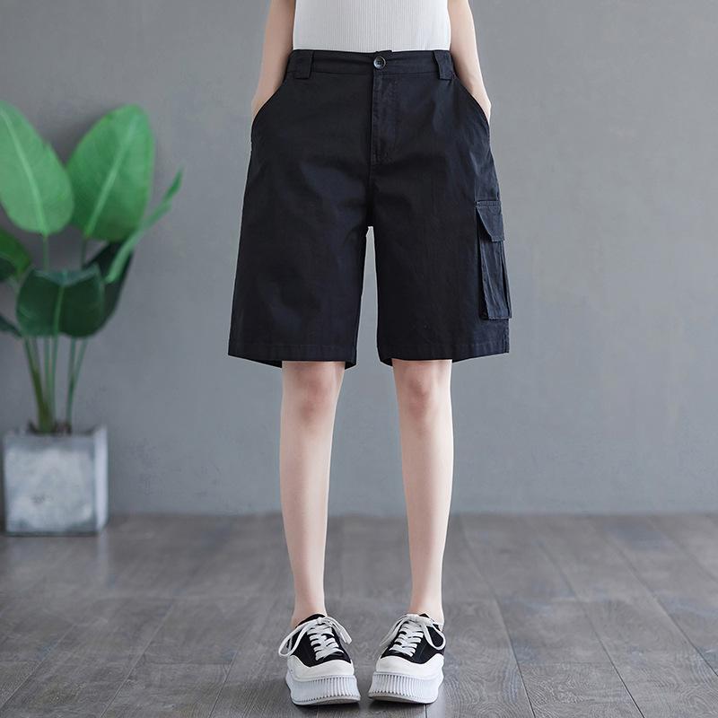 

Summer Korean Version of Twill Casual Loose and Thin Tooling Five-point Wide-leg Pants Women M чёрный