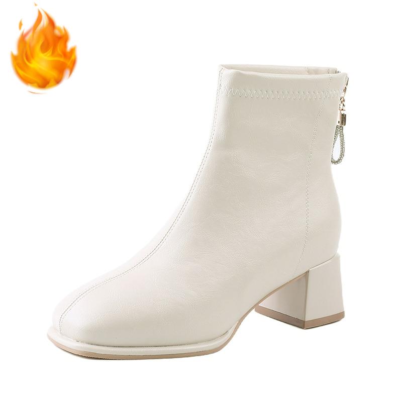 Square Toe Thick Heel Women Ankle Boots Street Style Banquet Party Dress Short Botas Autumn Winter Women's Short Plush Shoes