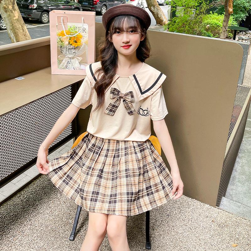 

Trendy Girls College-Style Summer Suits: Fashionable Two-Piece Sets for Middle & Large Children 110 cm абрикосовый