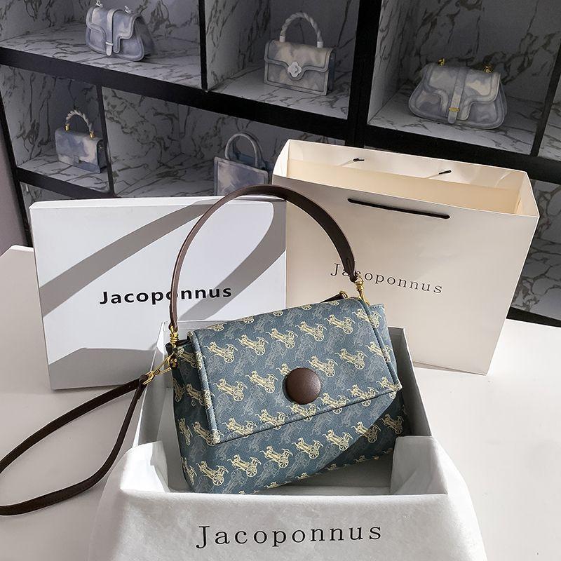 

Genuine Leather Short Fancy Shoulder Crossbody Tote Bag Coffee with carriage Blue