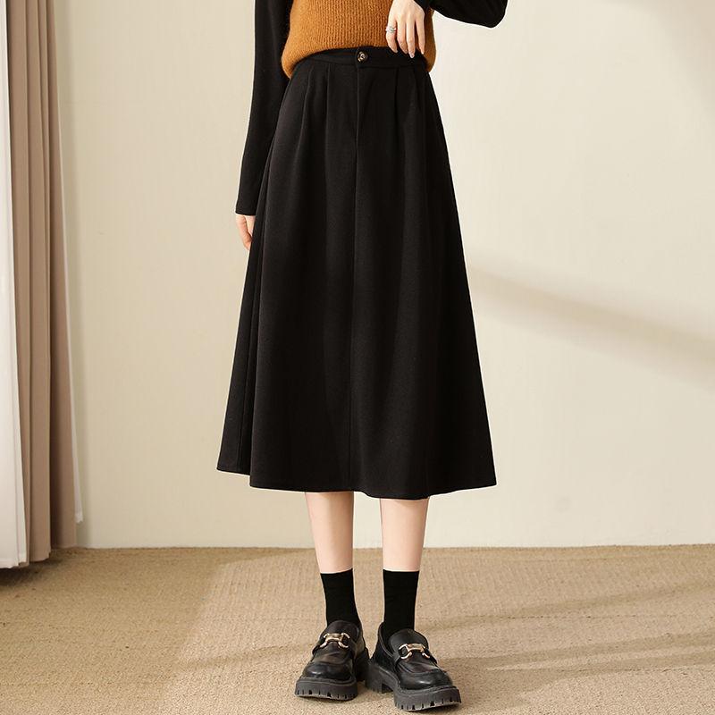 Woolen Pleated Skirt for Women in Autumn and Winter, High-waisted A-line Skirt, Mid-length Drape, Slimming, Large-swing Umbrella Skirt