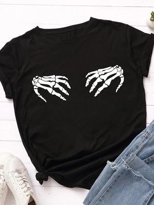 Chest Skeleton Hand Print Women T Shirt Short Sleeve O Neck Loose Women Tshirt Ladies Tee Shirt Tops Clothes Camisetas Mujer