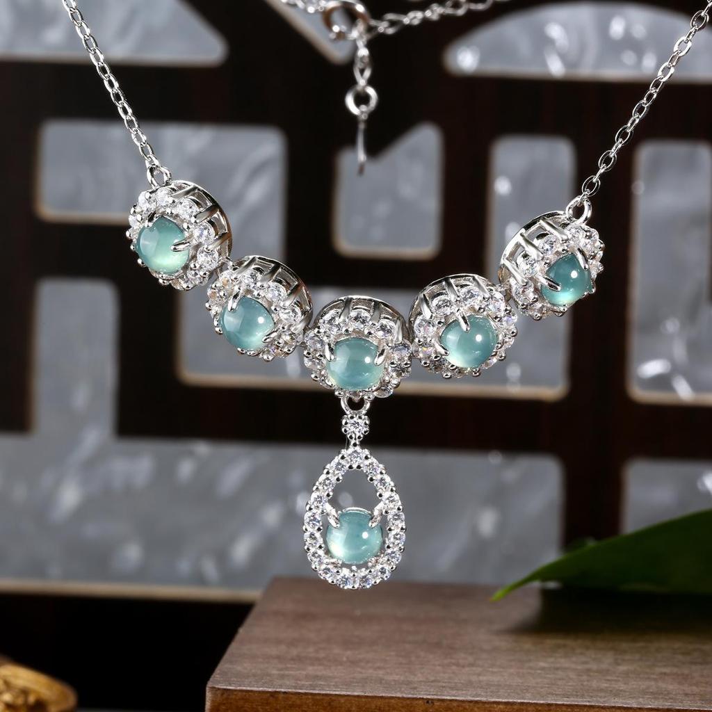 Burmese Blue Water Jade Gourd Pendant Necklace with S925 Silver - Chinese Style for Women