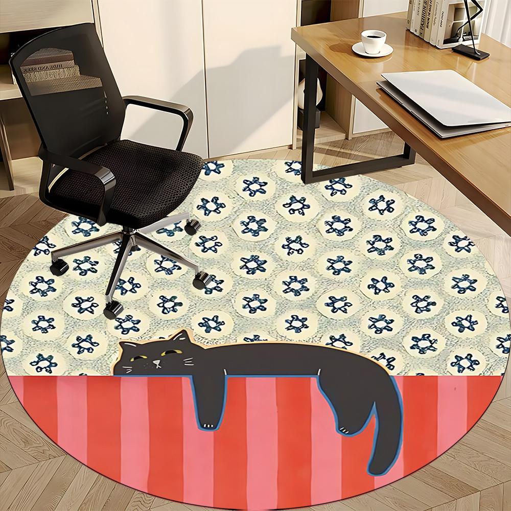 1pc Cat Floral Pattern Office Round Area Rug, Indoor Mat Suitable For Office, Under Office Chairs Bedroom Living Room Home Decor, Room Deco