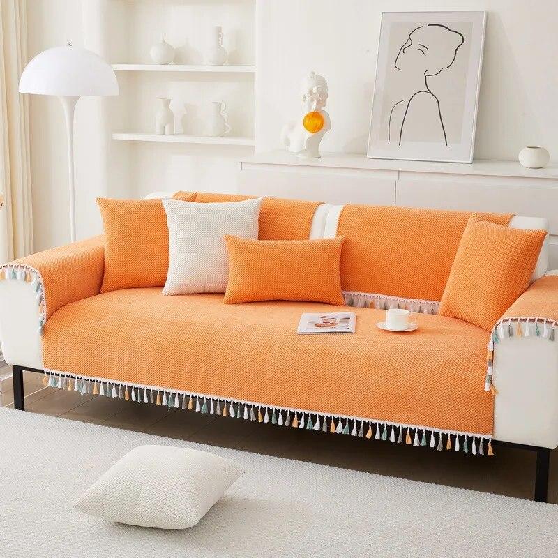 Corduroy Tassels Sofa Cushion Modern Simple High-end Non-slip Sofa Cushion Solid Color Soft Four Seasons Universal Couch Cover