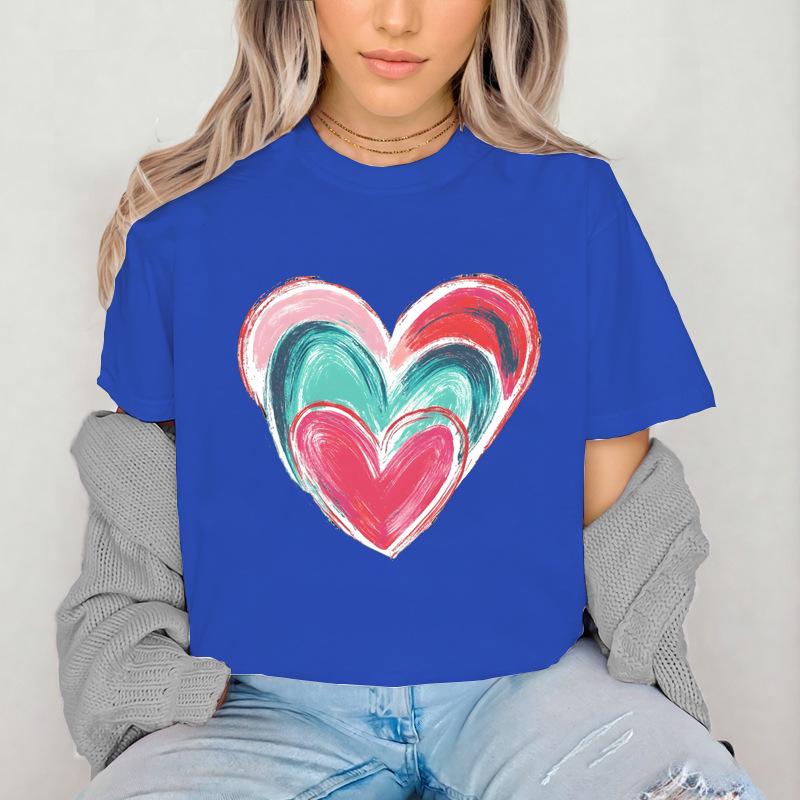 2026 New Girl's Colorful Love Printed Cotton Adult and Children's Couple T-shirt Summer Fashion Loose Sports Daily Short Sleeve