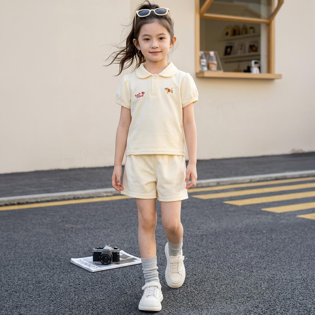 Girls' Short-sleeved T-shirt Set For Summer Children's Casual Embroidered Polo Shirt Set