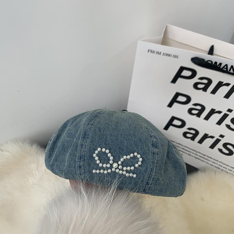 Вымытый джинсовый берет милая крутая жемчужная бабочка шляпа бутон женская милая универсальная для лица шляпа маленького художника Adult average size средний синий