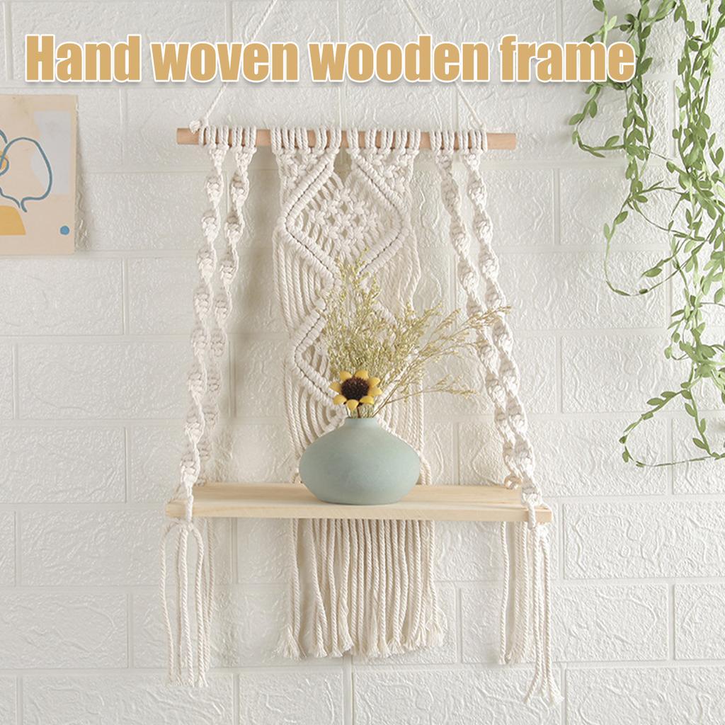 Wooden Floating Shelf Macrame Wall Hanging Shelf Board Bohemian Woven Rope Swing Shelf Home Book Plant Storage Holder Decoration