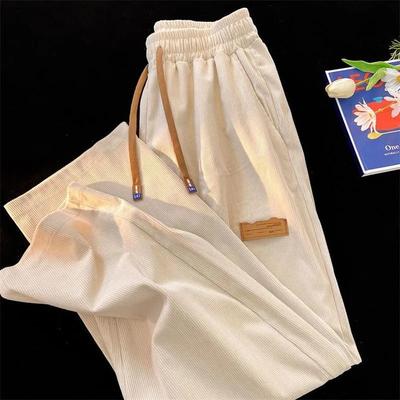 Pantaloni della tuta da donna a tinta unita in velluto a coste dritti, pantaloni casual vintage allacciati