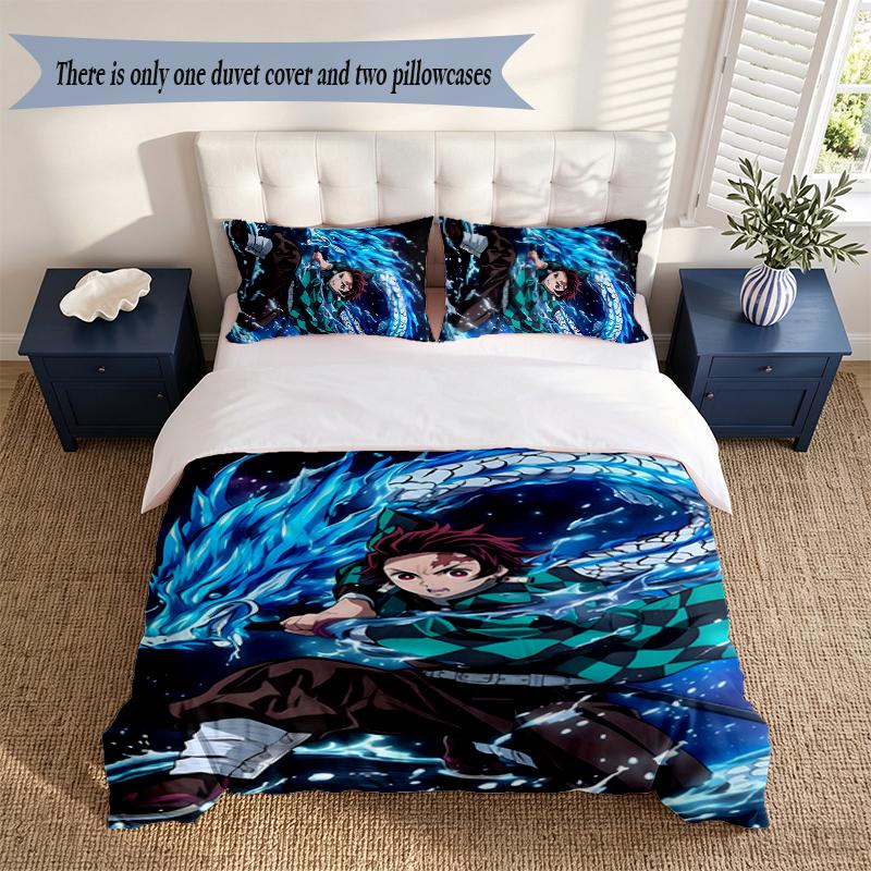 Tanjiro 3‑Piece Bedding Set Soft Microfiber Duvet Cover Pillowcases Comfortable Bed Linen for Bedroom Decoration