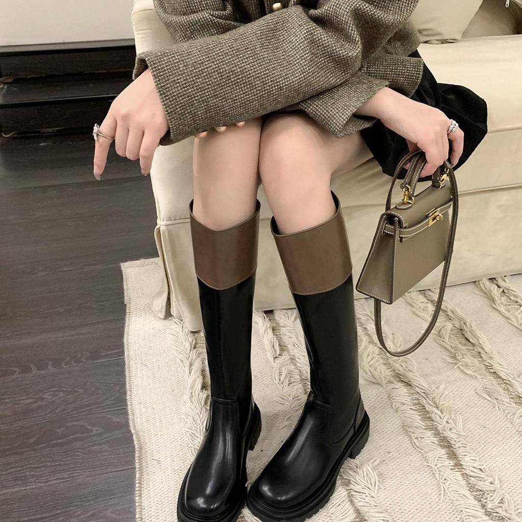 Su Yinyin Style Colorblock Round Toe Thick Sole Back Zipper Women's Riding Boots