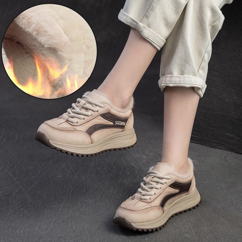 Johnature Genuine Leather Sneakers Plush Warm Cotton Shoes Retro Versatile Casual Women's Shoes