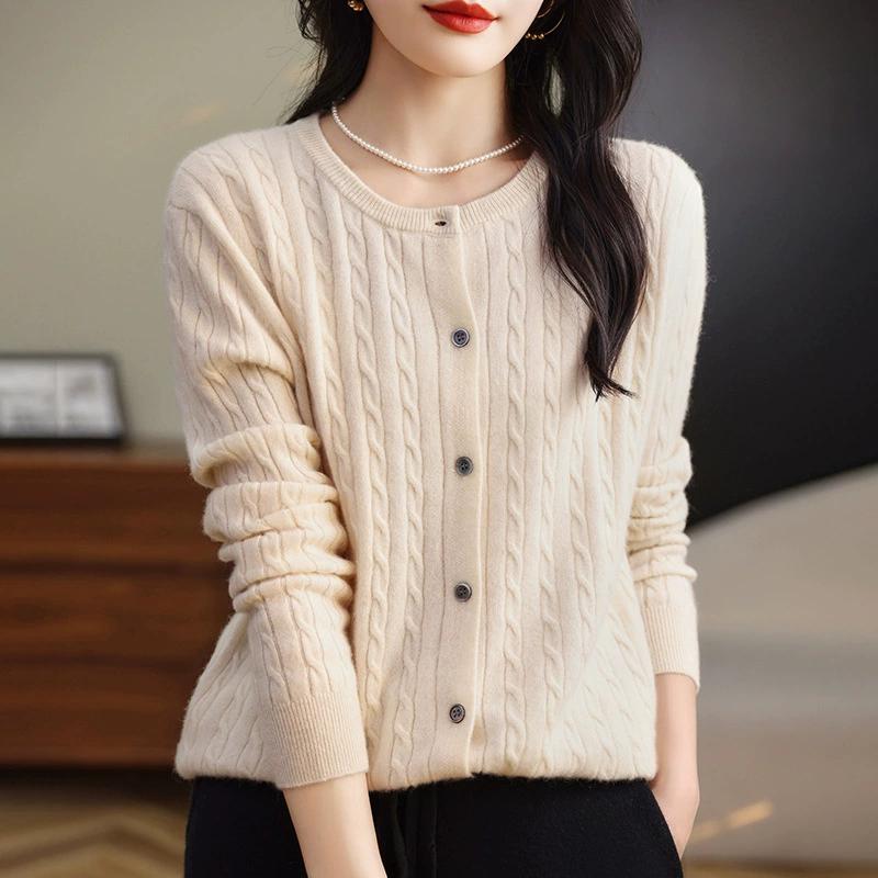 Omen's Spring Solid Color Cozy Lazy Style Cardigan Sweater Round Neck Knit Jacket